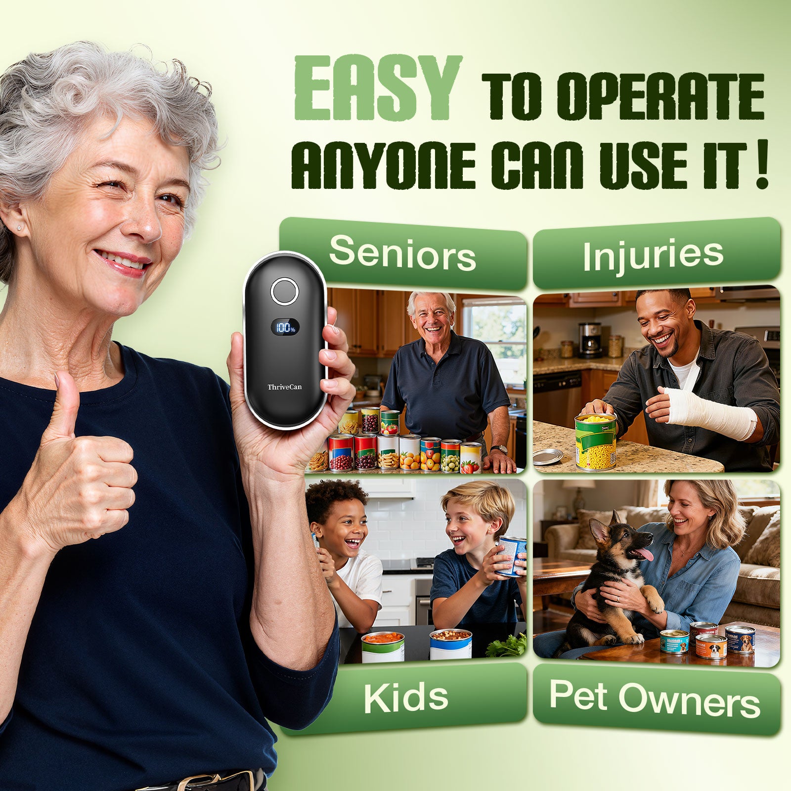 Thrivecan Rechargeable Electric Can Opener, One-Touch Automatic Can Opener with Smooth Edge, Effortless Can Opener for Seniors, Arthritis, Weak Hands, Home, Ideal Kitchen Tool  for Daily Use